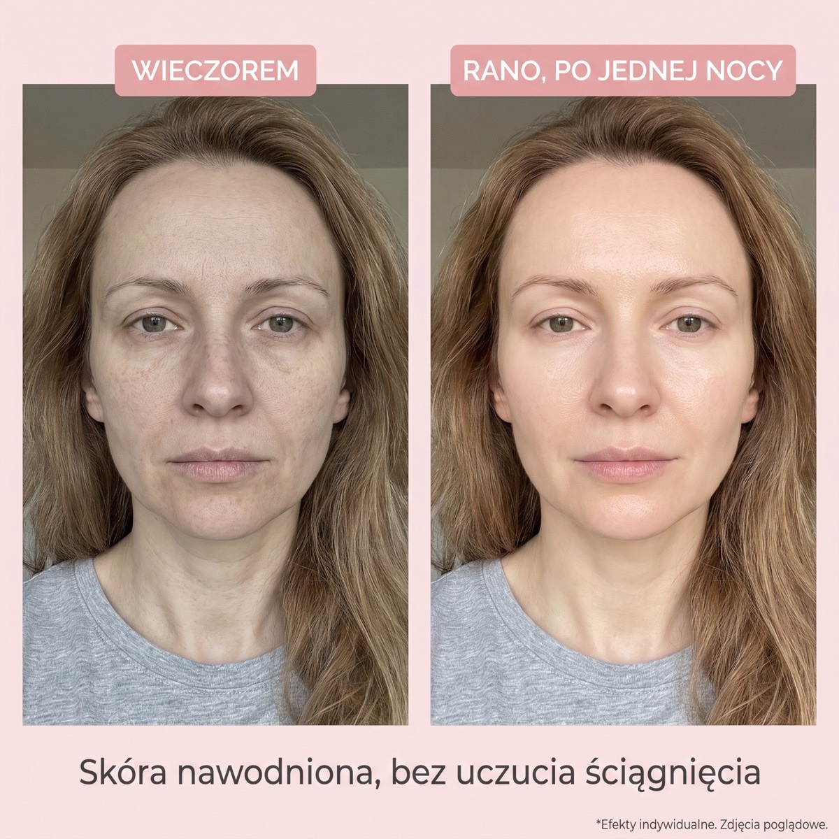 Ta sama twarz wieczorem i rano po jednej nocy z maską